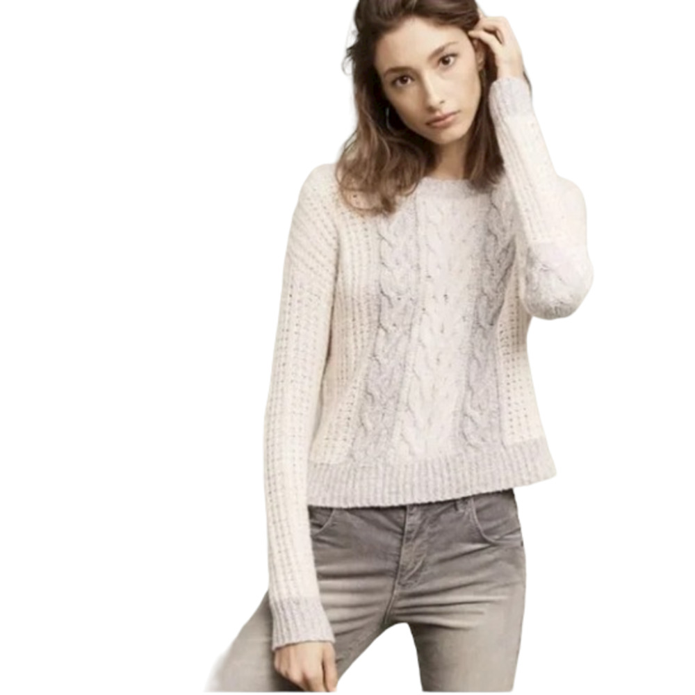 Sleeping on Snow Anthropologie Cream Gray Cable Knit Elbow Patch Sweater Size S